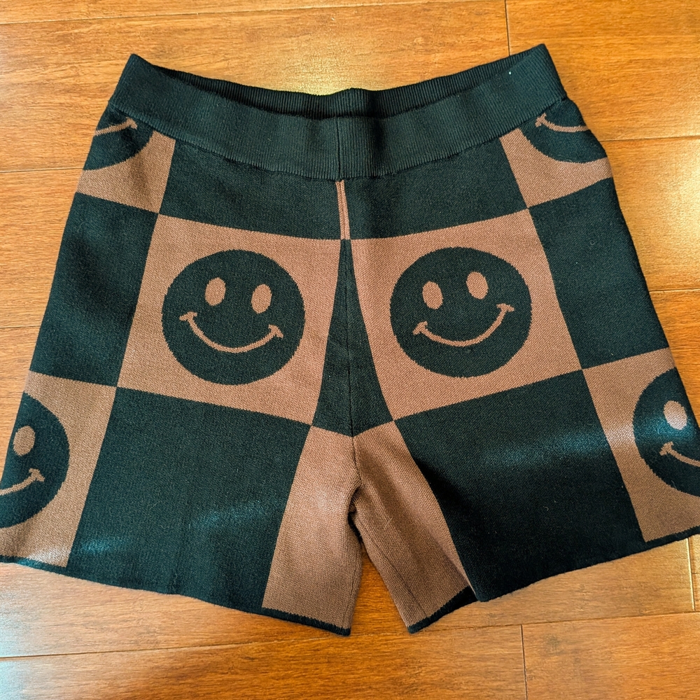 Smiley Face Patterned Brown and Black Sweater Shorts